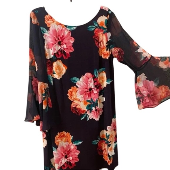 J.Howard Shift Dress Size 12 Black Floral Long Sheer Bell Sleeves Flowy Church - Picture 6 of 12